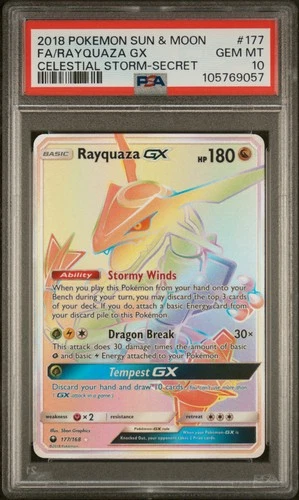 2018 POKEMON SUN & MOON CELESTIAL STORM SECRET #177 FULL ART/RAYQUAZA GX PSA 10