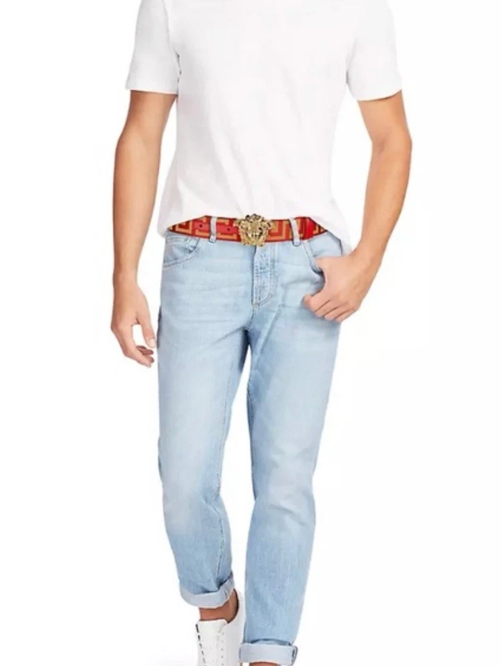 Auténtico cinturón de tela y cuero Versace La Medusa Greca rojo/dorado para hombre talla 85/34 Foto 2 de 4