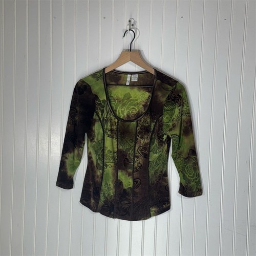 Sami + Jo Green Brown Sheer Burnout Top M Boho Witchy Earthcore Fall Floral - Picture 2 of 9