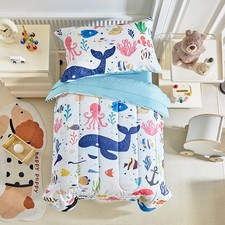 4 Piece Toddler Bedding Set- Ocean Theme White Design, Microfiber Toddler Bed...