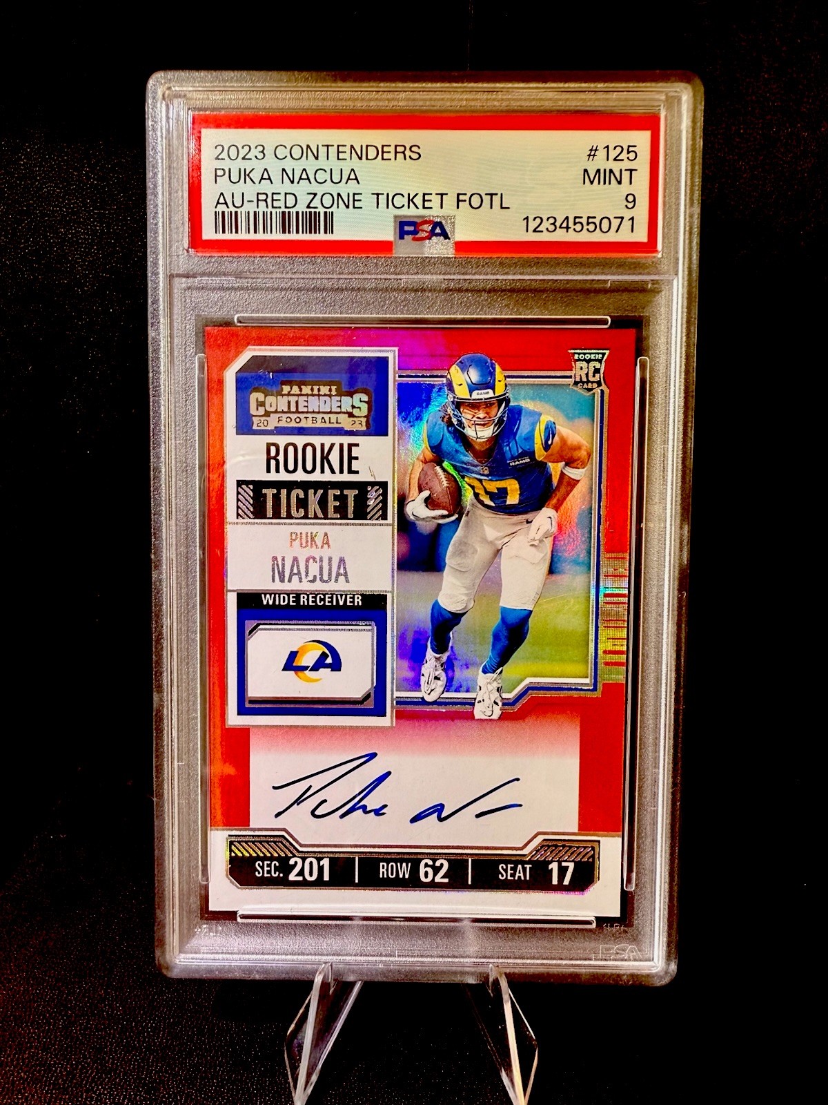 PUKA NACUA 2023 PANINI CONTENDERS AUTO-RED ZONE TKT FOTL #125 RC PSA 9