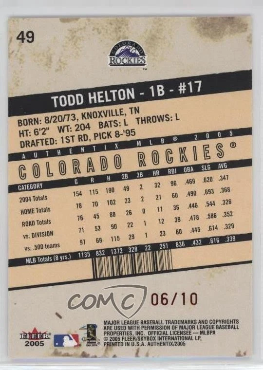 Fleer Authentix 2005 solo habitación de pie/10 Todd Helton #49 patio Foto 2 de 2