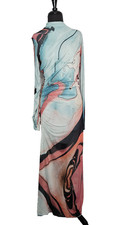 SAEMDI Mesh Maxi Dress Large Teal Coral Lava Print Psychedelic Watercolor
