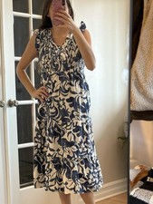 Blue and White Floral Smocked Cotton Midi Dress Sleeveless Ruffle V-Neck Pockets