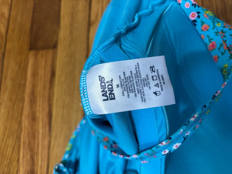 Lands' End Womens Swim Dress Size 16 Blue Floral Side Slit Skirt Built-in-Bra - Image 4 of 4