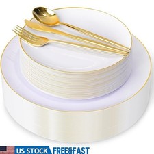 Gold Rimmed Disposable Plates Set Elegant Plastic Dinnerware 90pcs Party Events