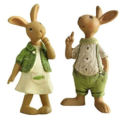 Set of 2 Vintage Rustic Country Bunnies Figurine Ornament Decorative Easter D...