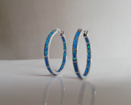 Blau Opal Creolen Feueropal Huggies Opal Hoops Silber Edelstahl beideseitig Neu - Bild 8 von 19