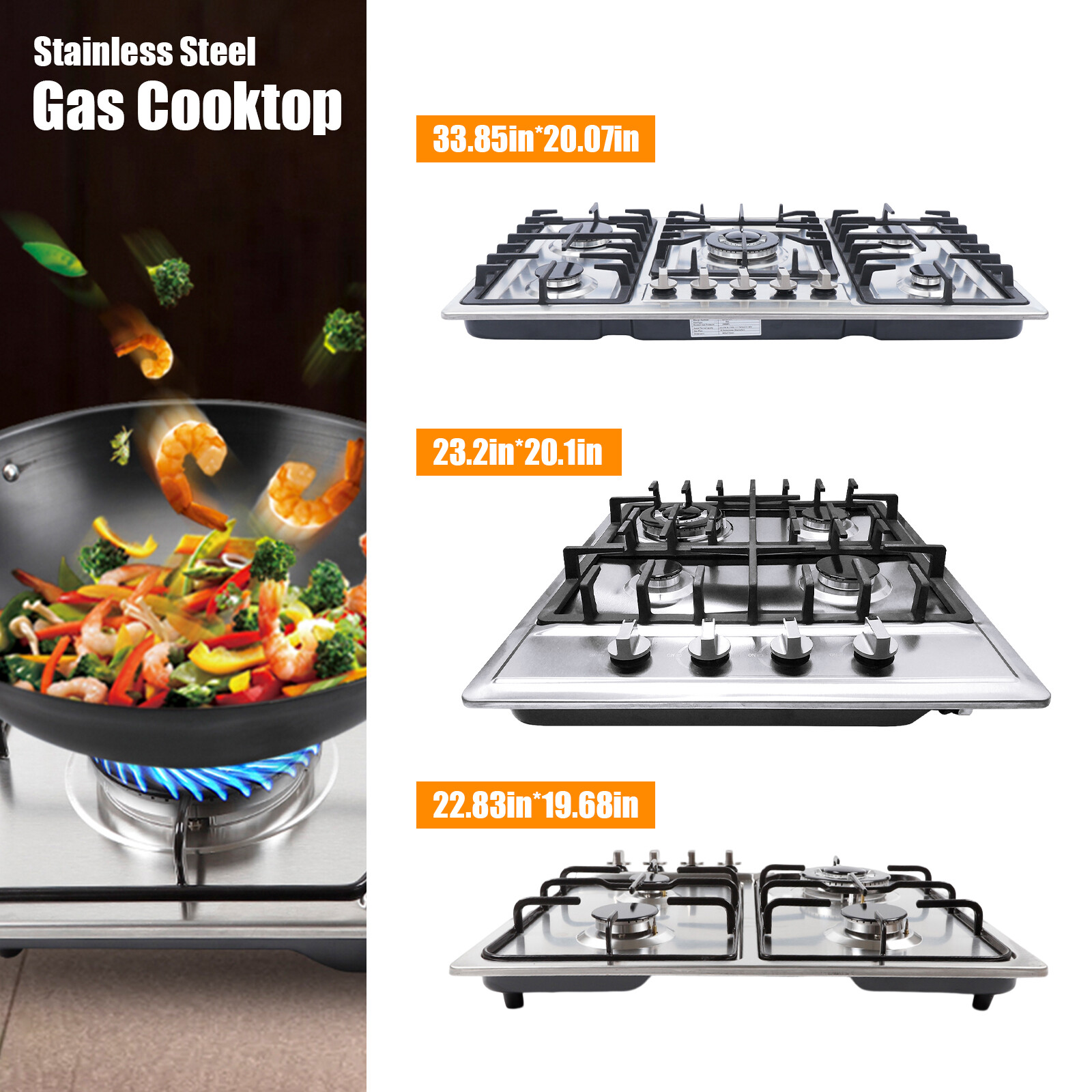 Stainless Steel 4 Burners Stove Top Built In Gas Propane NG 23 Cooktop Cooking