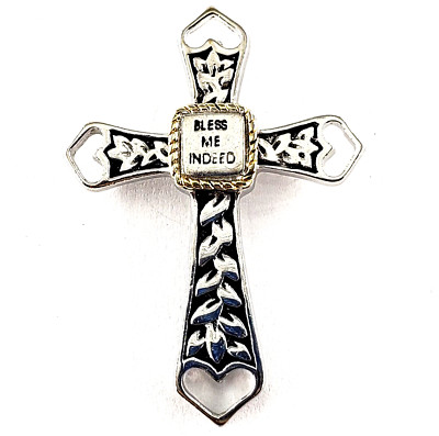 BLESS ME INDEED Vintage Sterling Silver Pendant Cross Religious Heart Leaves God