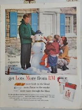 1963 L&M cigarettes family front yard snowman winter snow vintage ad