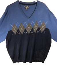 Club Room Mens Merino Blend V-Neck Argyle Pullover Sweater Blue XXL