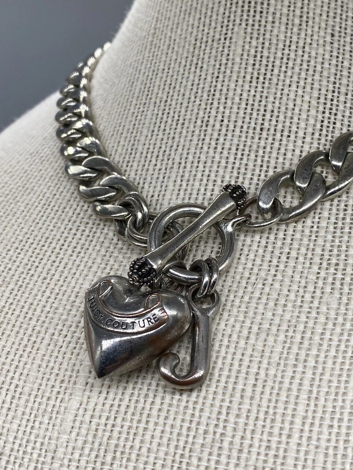 Juicy Couture Silver Tone Choker Chain Link Toggle Clasp Heart J Charms Necklace - Image 2 of 4
