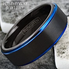 6/8mm Tungsten Carbide Men's Ring Black & Blue Brushed Wedding Band Jewelry