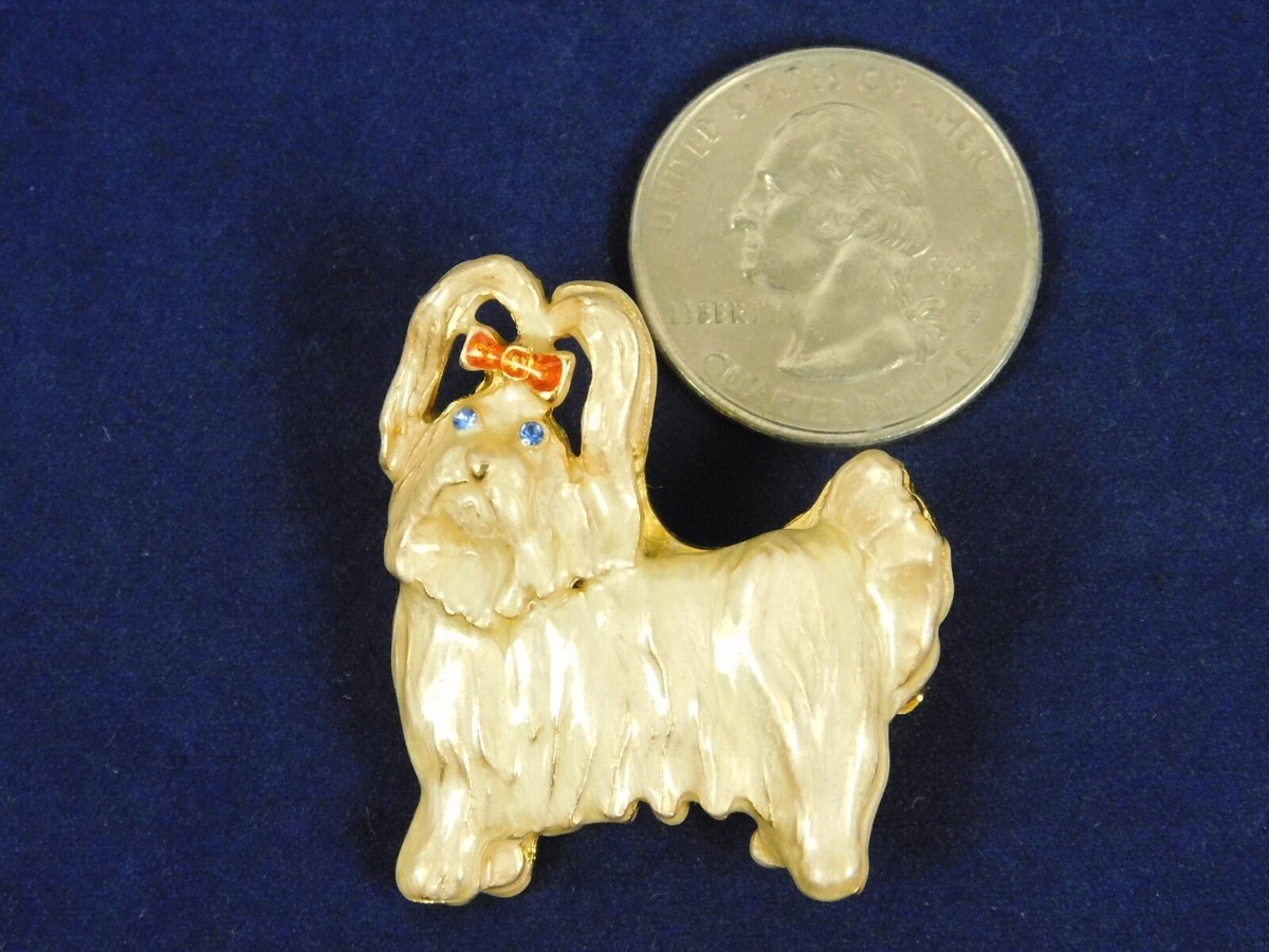 Gold Tone Enamel Female Yorkie Yorkshire Terrier Dog Pin Brooch Bow Blue  Eyes
