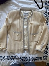 Chanel Pre Owned Wool Cream Jacket W/ Faux Pearls Silk Lining Size FR 40