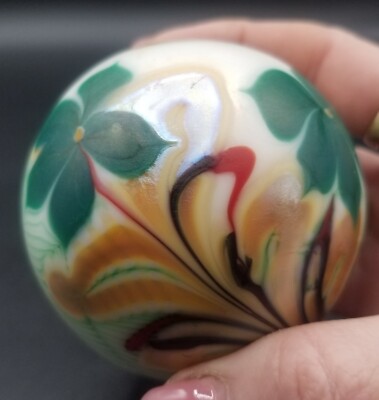 Glass Iridescent Paperweight Pulled Feather Floral & Vines Signed Eckert 119/80