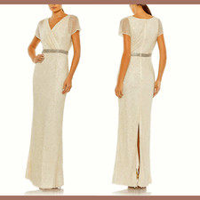 NWT $698 Mac Duggal [ 16 ] Beaded Butterfly Sleeve Column Gown Nude/Silver G1266