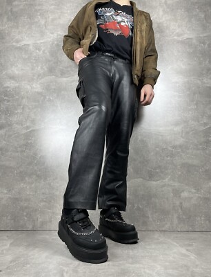 Vintage Y2K Cargo Avant Garde Mens' Black Biker Leather Pants Size