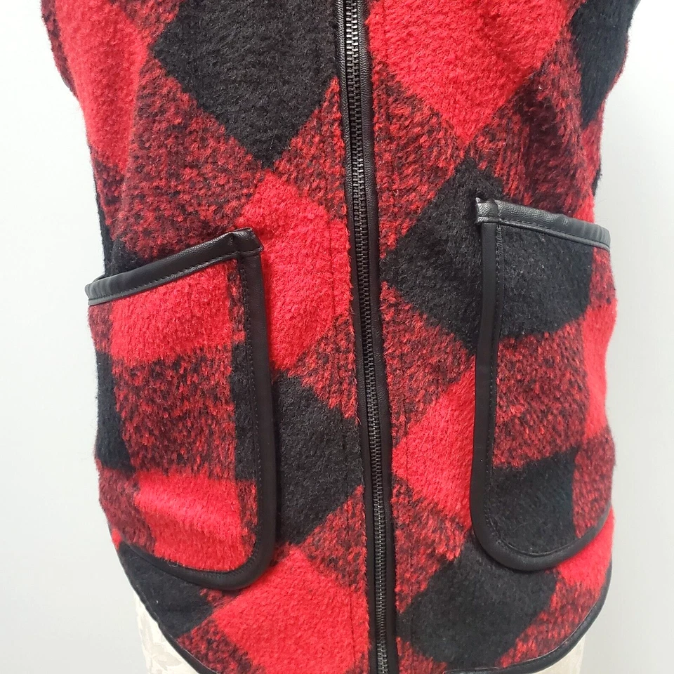 Chaleco Jolt Cremallera Completa Rojo Negro Cuadros con Bolsillos Bordados de Cuero Sintético Para Mujer Pequeño Foto 3 de 4