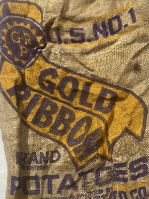 Vtg Gold Ribbon Brand Potatoes Burlap Advertising Bag Arvin California Potato