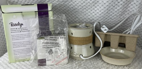 Roselyn Scentsy Full Size Wax Warmer Ivory Beige Tan w/ Burlap Band Metal Flower - Picture 9 of 19