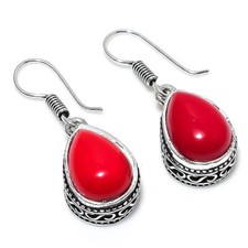 Red Coral Gemstone Handmade 925 Sterling Silver Jewelry Earring Sz 1.4"