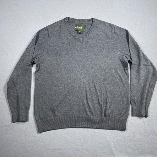 Eddie Bauer Sweater Men M Grey V Neck Sweater Cotton Cashmere Blend Long Sleeve