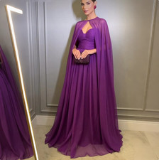 Purple Chiffon A‑Line Evening Gown Detachable Cape Floor‑Length Party Prom Dress