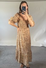 Faithful The Brand UK S Dress Tiger Print Linen Shirred Puff Sleeves Midi