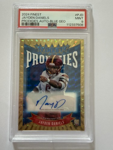 Topps 2024 Finest Jayden Daniels Commanders #P-JD Blue Geo /99 Auto PSA 9