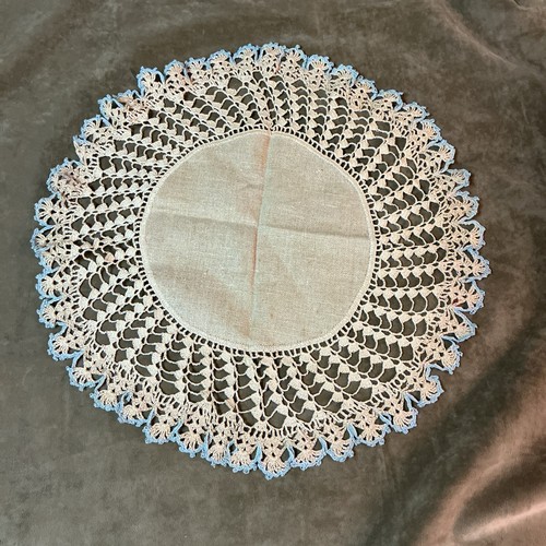 Vintage Linen blue trim hand crocheted large size doily for table center 1920s