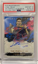 Lionel Messi 43/49 Autograph The Perfect 10 Blue Topps Inception UCL 2020/21 PSA