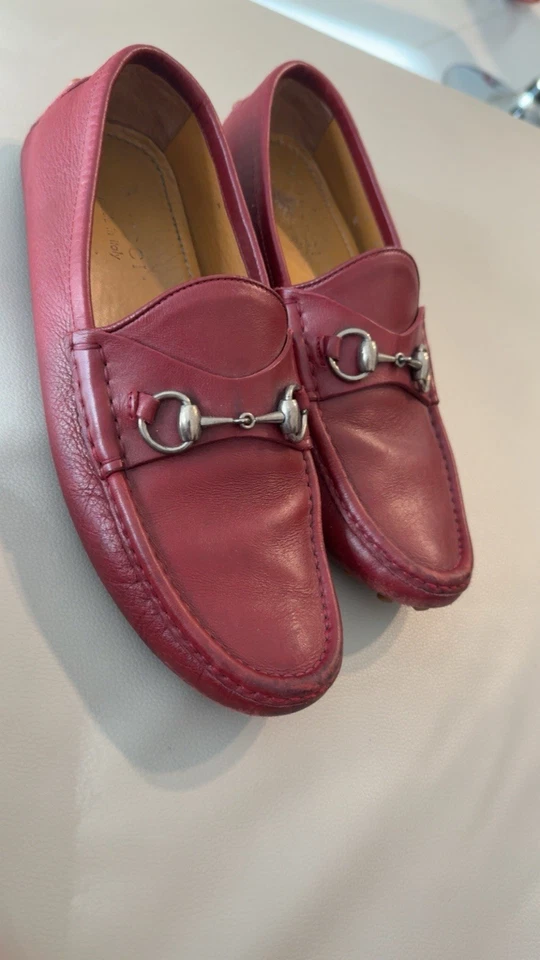 Gucci Damo Hombres Talla UK8 Rojo Borgoña Cuero Mordida de Caballo Zapatos Mocasines Sin Cordones Foto 3 de 3