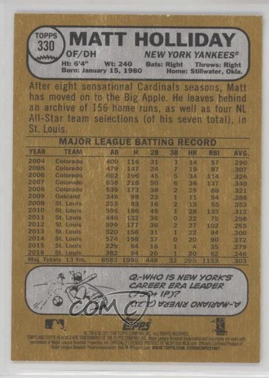 2017 Topps Heritage Gray Back /10 Matt Holliday #330 - Image 2 of 2