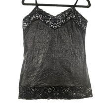 Vtg Vanity Cami Top Junior L Black Metallic Lace Trim Crinkle Y2K Whimsigoth 90s