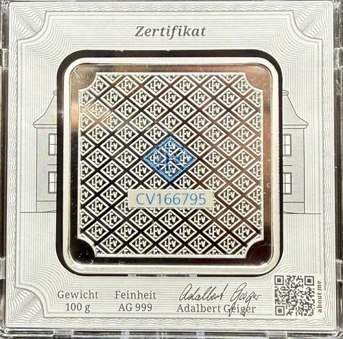 100g Geiger Edelmetalle in Assay .999 Fine Silver Square Bar 3.22oz Silver