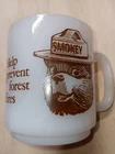 Vintage Smokey The Bear Help Prevent Forest Fires Milk Glass Mug Cup Glasbake