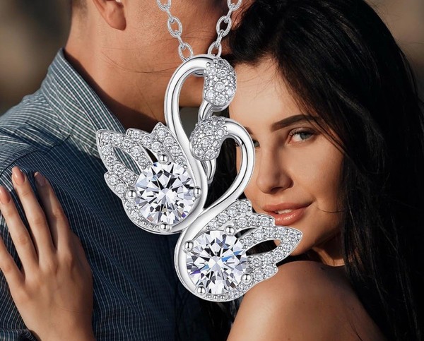 Alternate view of Swans Embracing Pendant Austrian Crystal Gold Plated Necklace Gift Her Bridal