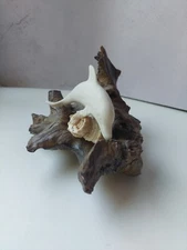 John Perry Dolphin Sculpture On Burl Wood  9”x 6” Vintage 