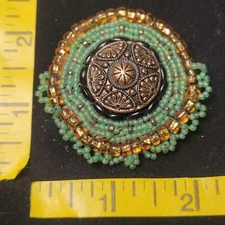 Green and Gold Seed Beads Beaded Brooch handmade Lapel Pin Hat