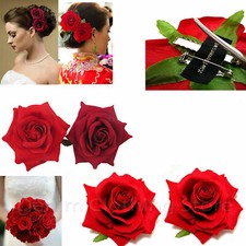 2pc Silk Red Rose Hair Flower Clips Bridal Hairpin Brooch Wedding Bridesmaid Lot