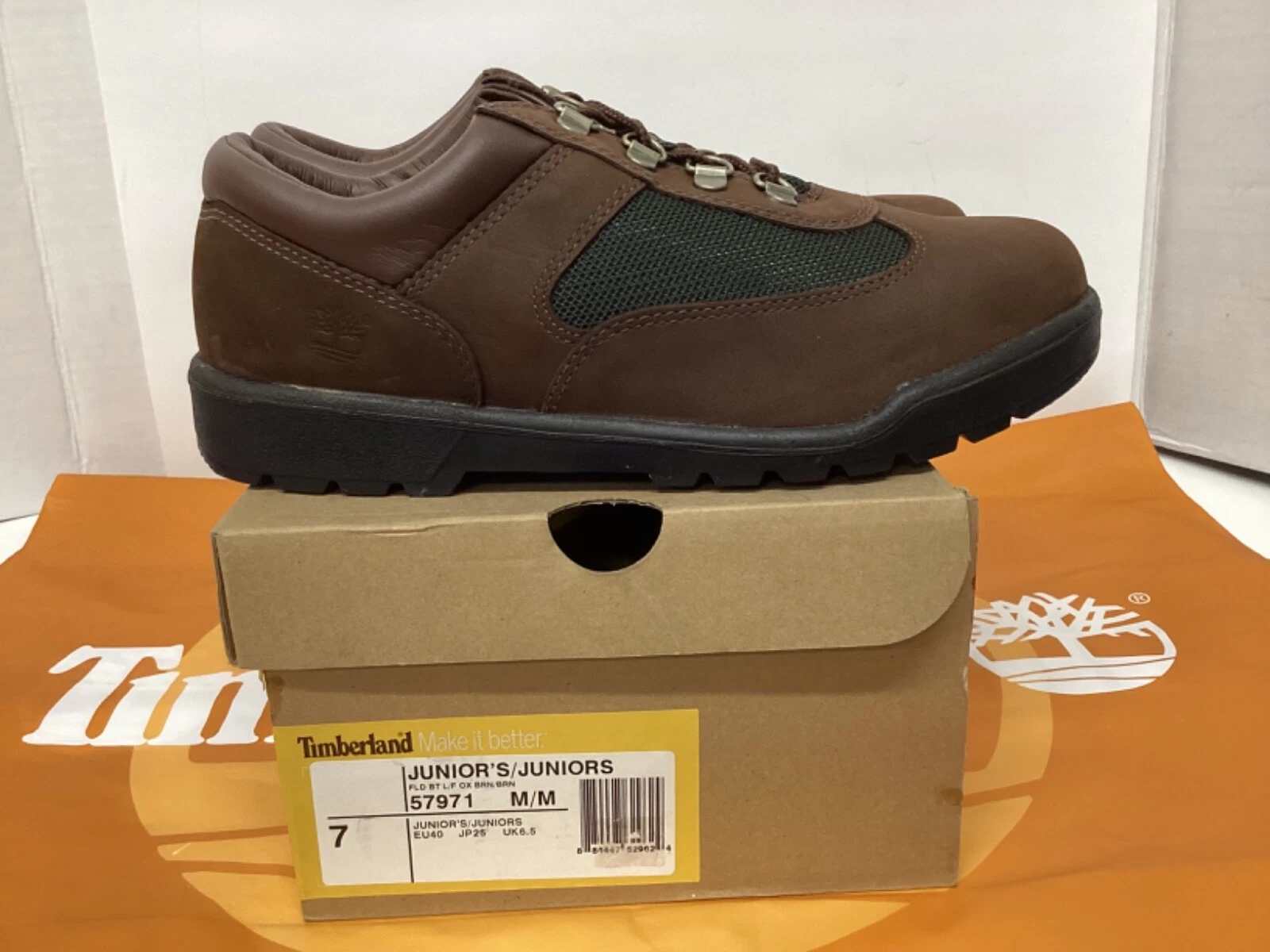 Stivali da campo Timberland L F Oxford Scarpa Marrone Juniors #57971 ""vintage"" mai indossati