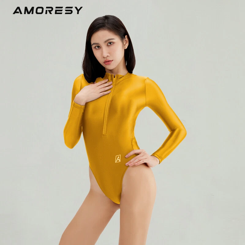 AMORESY Damen Silky Glossy Damenmode One-piece Zipper Long-sleeve Solid Swimsuit - Bild 4 von 4