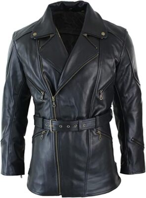 Men s 3/4 Quarter Length Brando Leather Motorcycle Long Jacket - Vinatge