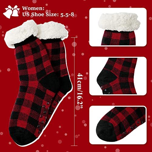 Slipper Socks for Women with Grippers Non Slip Fuzzy Grip Winter A-red Plaid - Bild 5 von 6