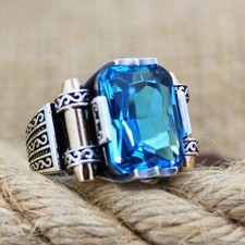 Blue Topaz Ring, Solid 925 Sterling Silver Men's Ring