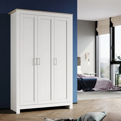 ELEGANT Matte 3 Door Triple Wardrobe White Storage Rail Wood Cupboard Bedroom Furniture
