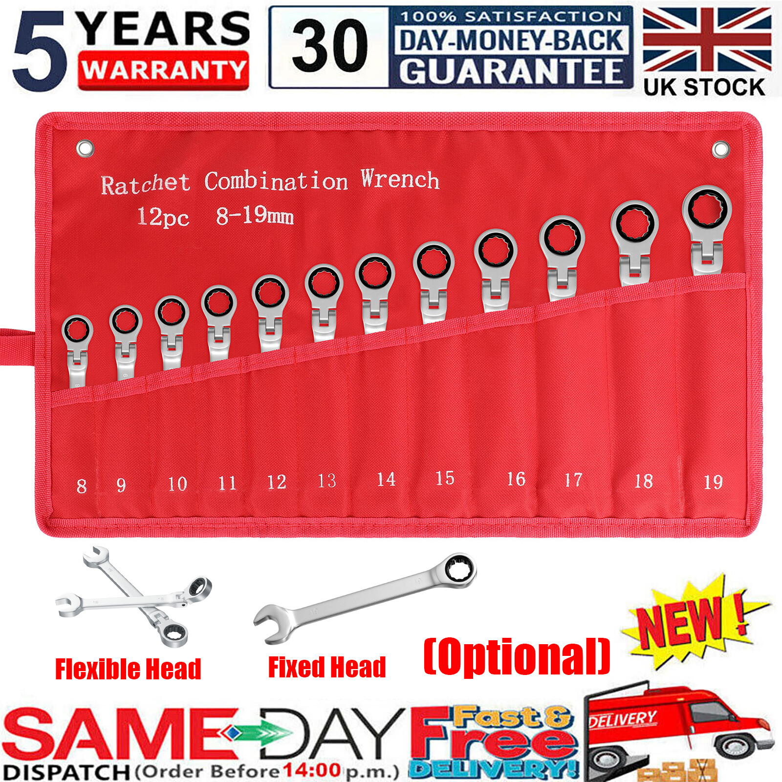 8/12pcs Flexible/Fixed Ratchet Spanner Set 8-19mm Combination Ratchet Wrench NEW