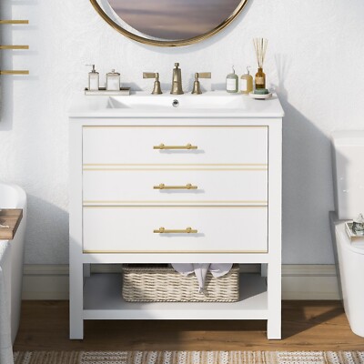 [Viedo]Modern 30inch Navy Blue/White Bathroom Vanity Cabinet Combo with Open